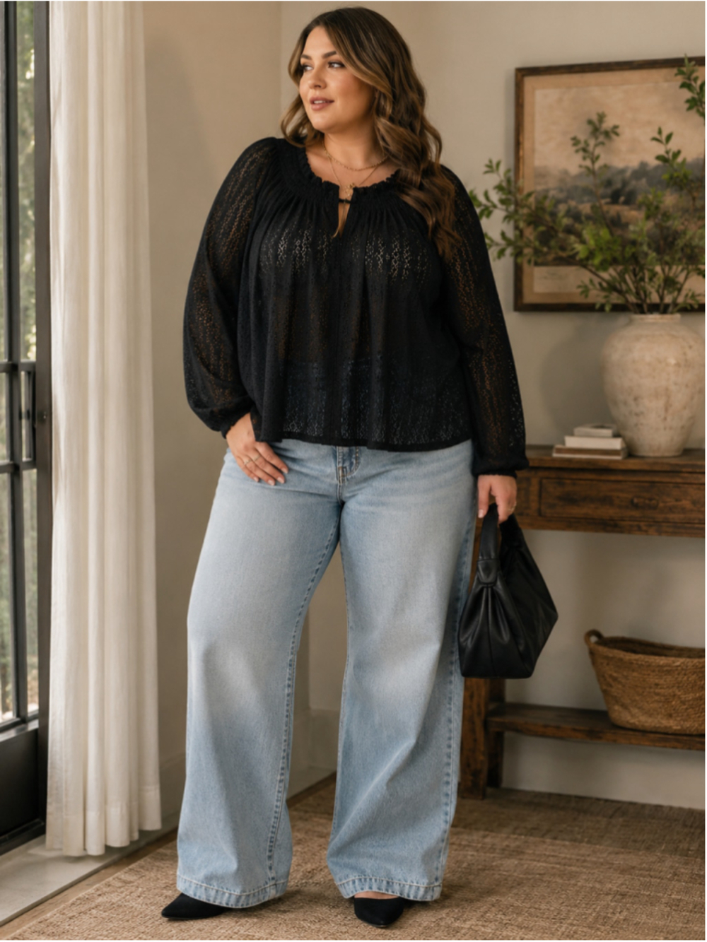 Old Navy Plus Size 2X Black Lace Peasant Blouse Long Sleeve INV340 A9